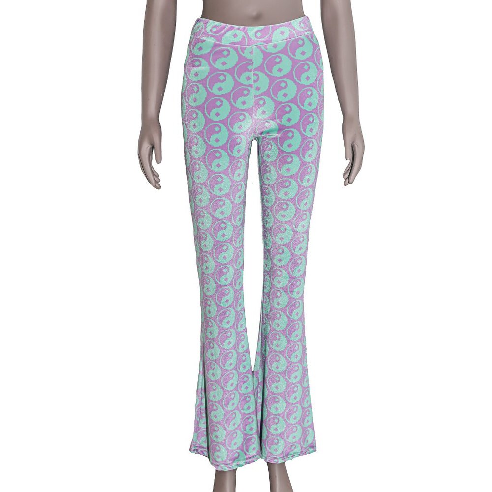 Mint Purple Digital Peace Sign Velvet Bell Bottom Flared Pants Small Fall Winter